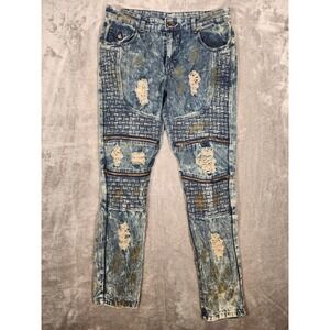Distressed Blue Wash Men's Jeans with Grid Paneling